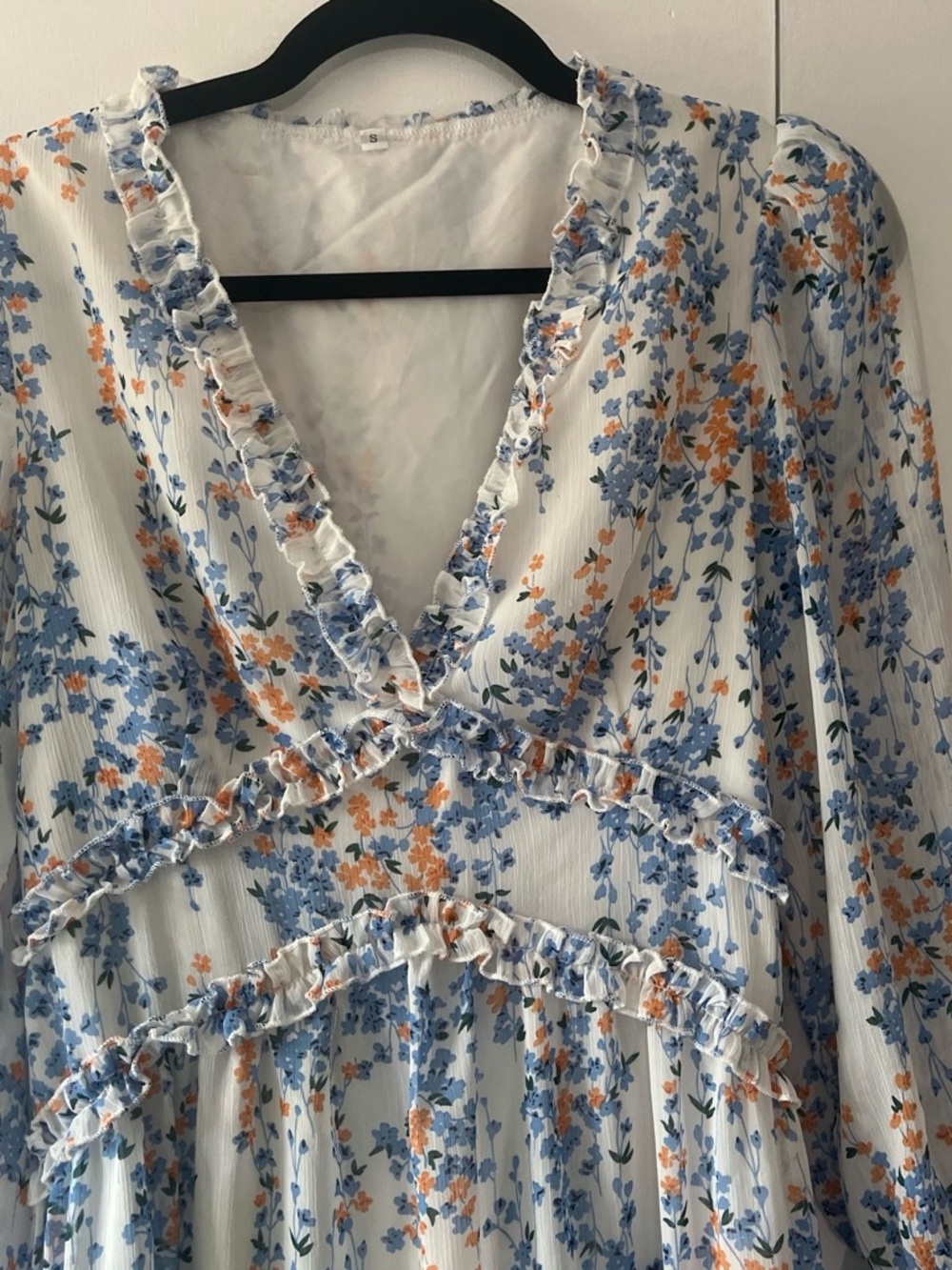Floral V-Neck Maxi Dress in White with Blue & Peach Blossoms
